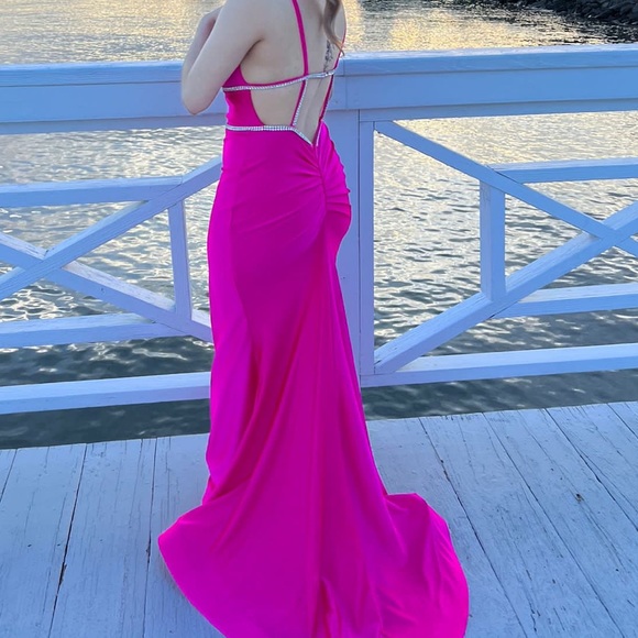 Hot Pink V Neck Plunge Embellished Mermaid Prom Dress - Picture 5 of 6